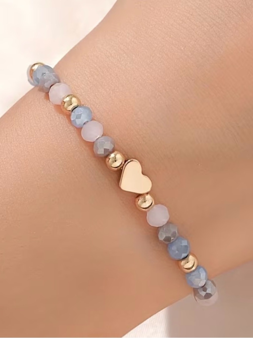 Gold Heart Beaded Bracelet with Blue and Pink Beads